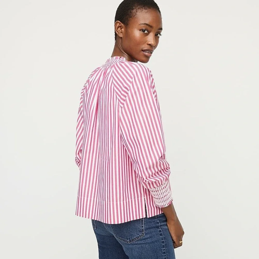 EUC J. Crew Smocked-Cuff Stripe Popover Top - Picture 2 of 8